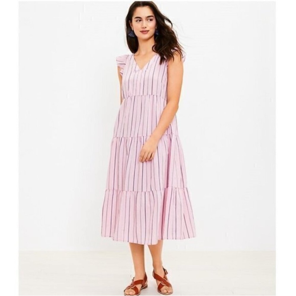 LOFT Pink and White Striped Midi Dress